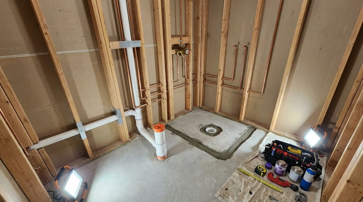 Bathroom rough-in plumbing during remodel by Johns Plumbing LLC in Clara City