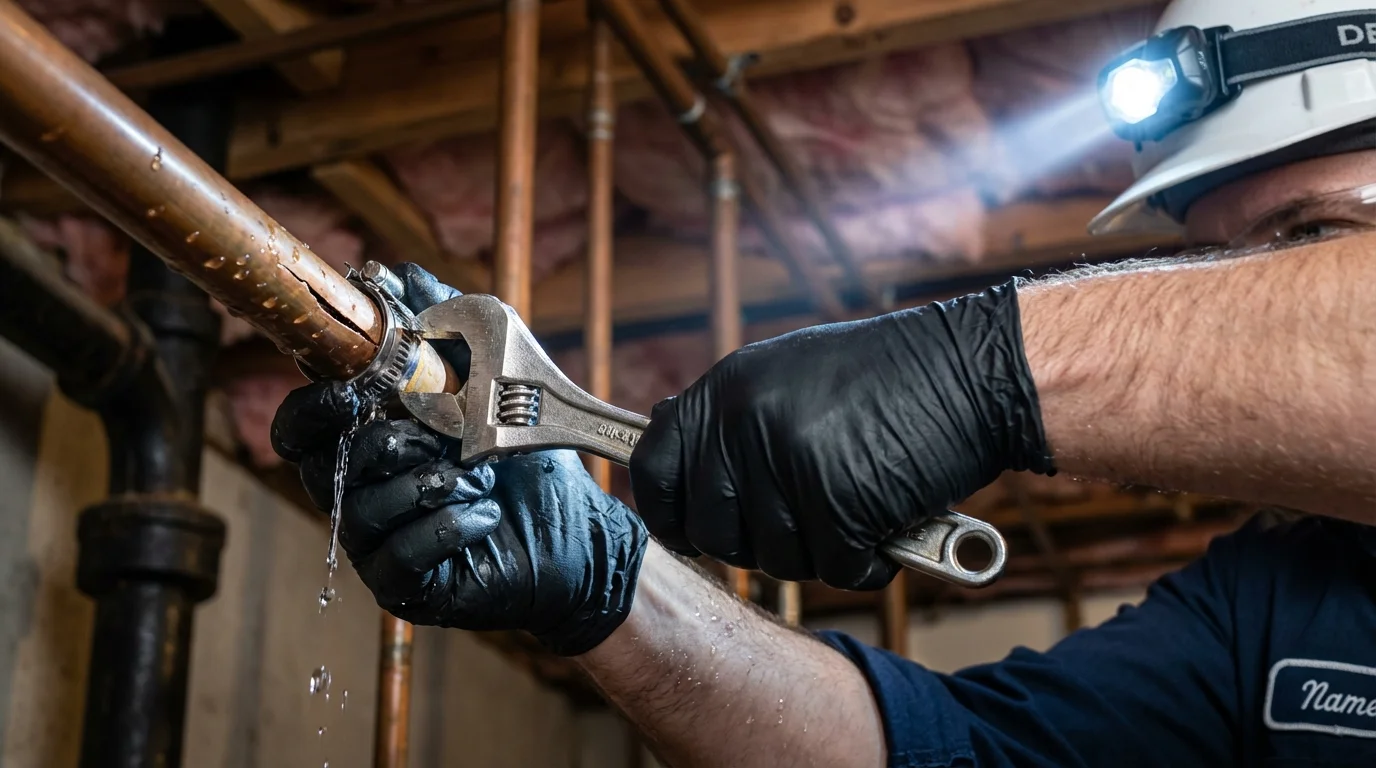 Emergency pipe clamp repair being performed by a Johns Plumbing LLC plumber in Clara City