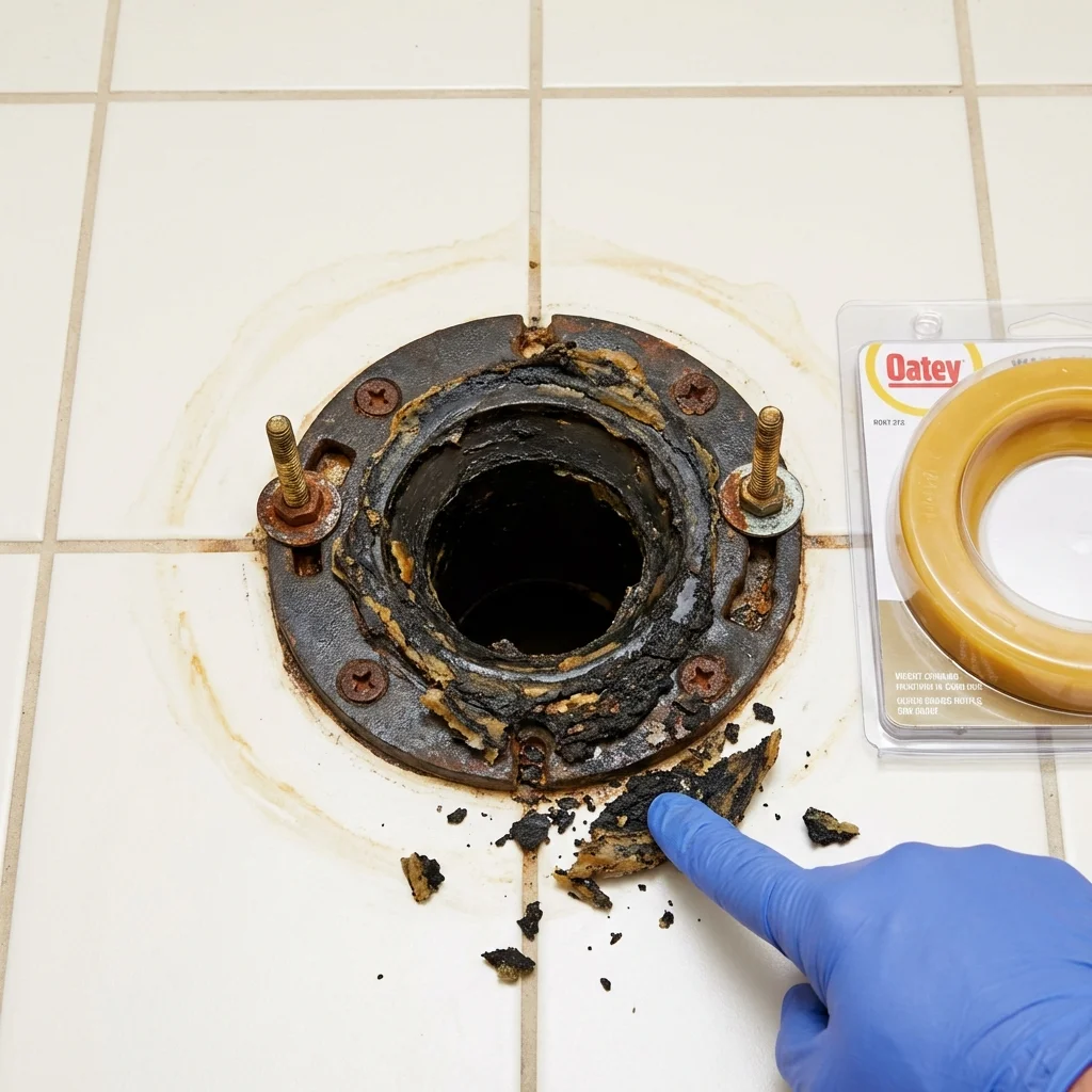 Failed wax ring showing water seepage at the base of a toilet in a Clara City, MN home
