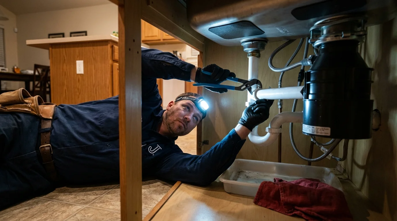 P-trap and supply line connections under a kitchen sink showing a common leak point in Clara City, MN